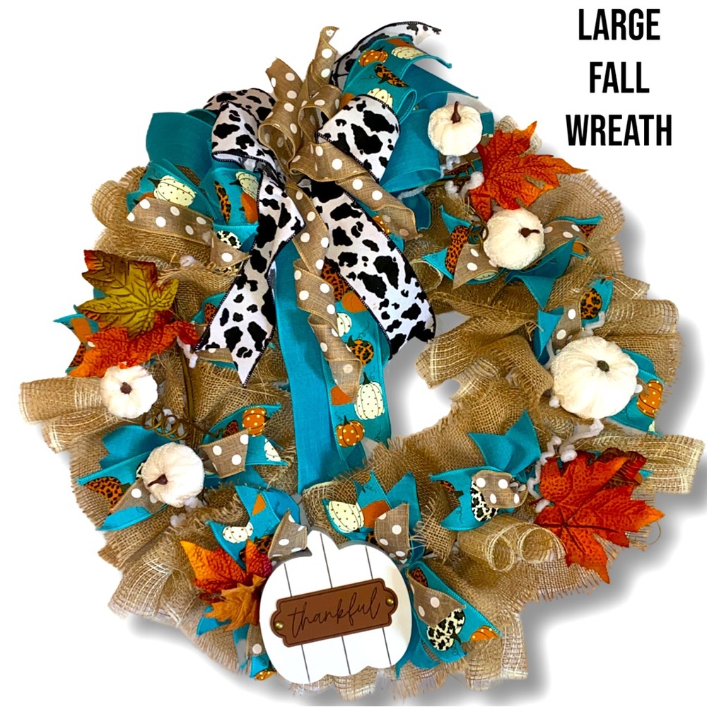Gorgeous Hand Crafted Burlap Fall “thankful” Wreath with pumpkins